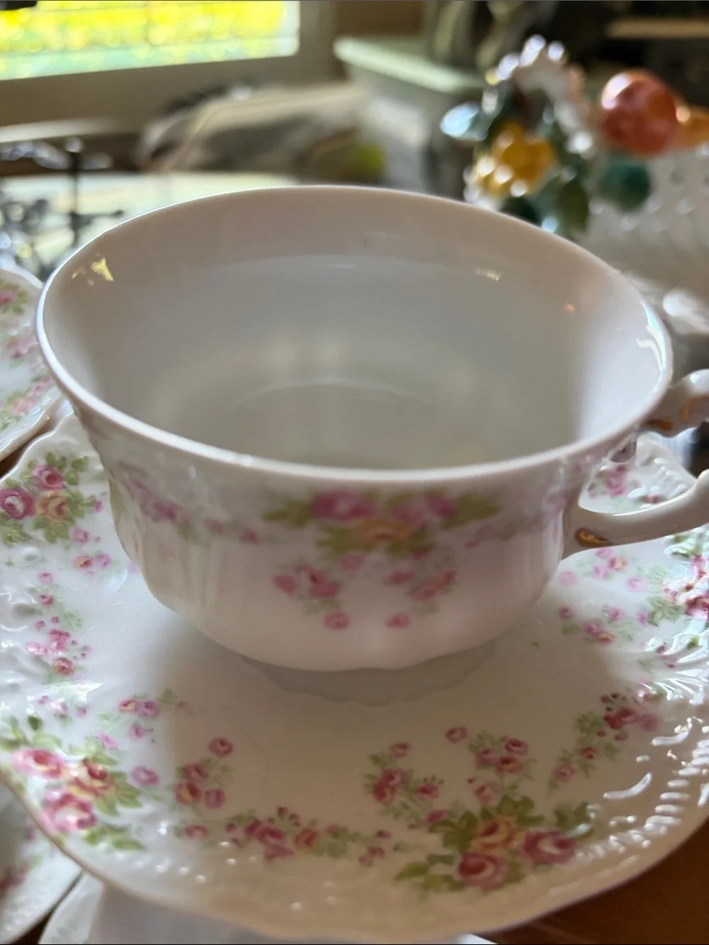 Antique Weimar - German pink rose porcelain cup /saucer set of three.